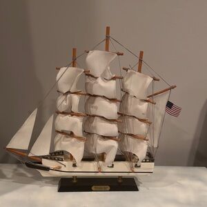 Whaling Ship Clipper 1846. Sail boat with American Flag